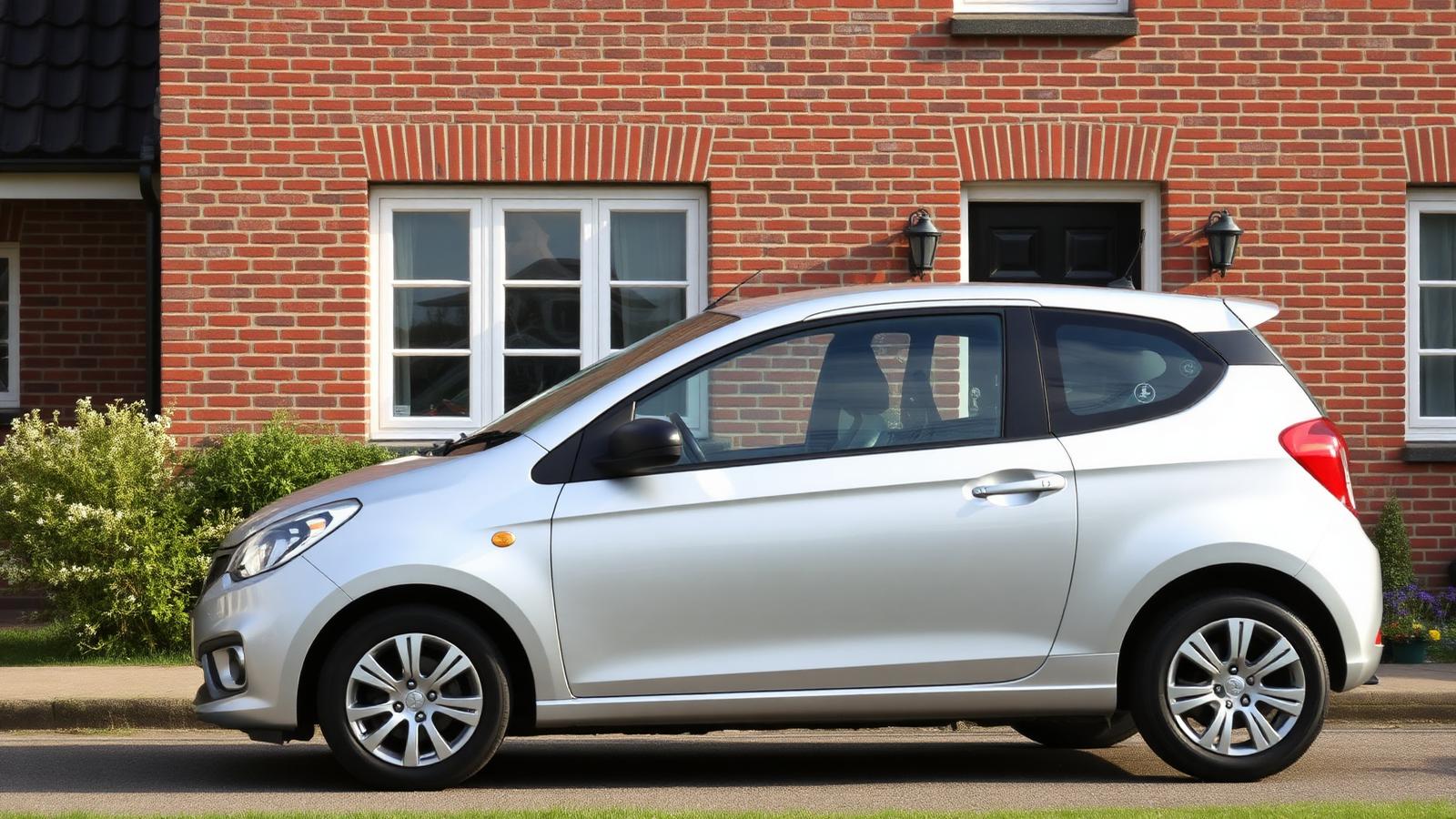 Zilvergrijze benzinehatchback geparkeerd voor een Belgische bakstenen woning
