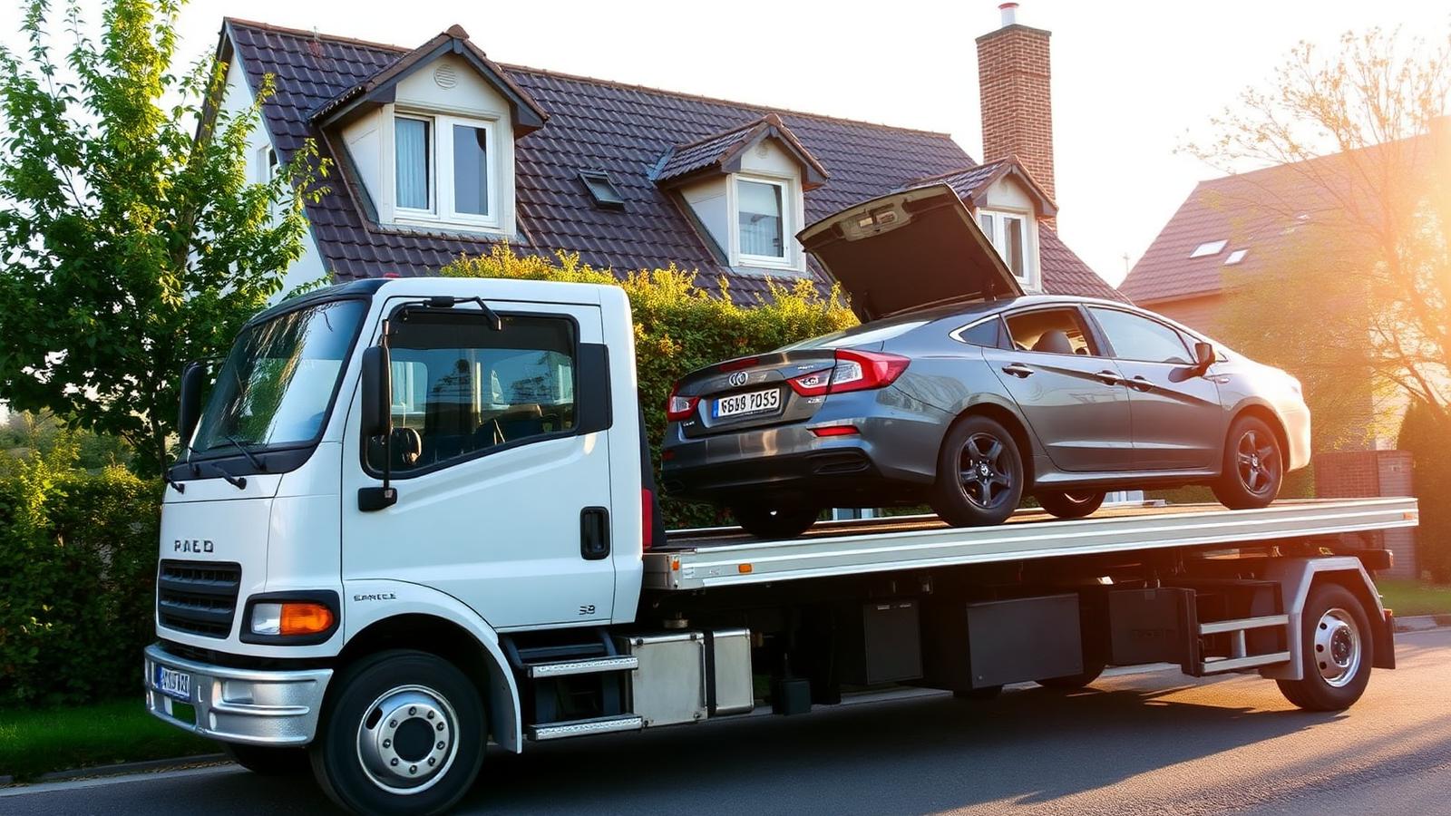 Personenwagen die met een takelwagen wordt opgeladen voor een Belgische woning