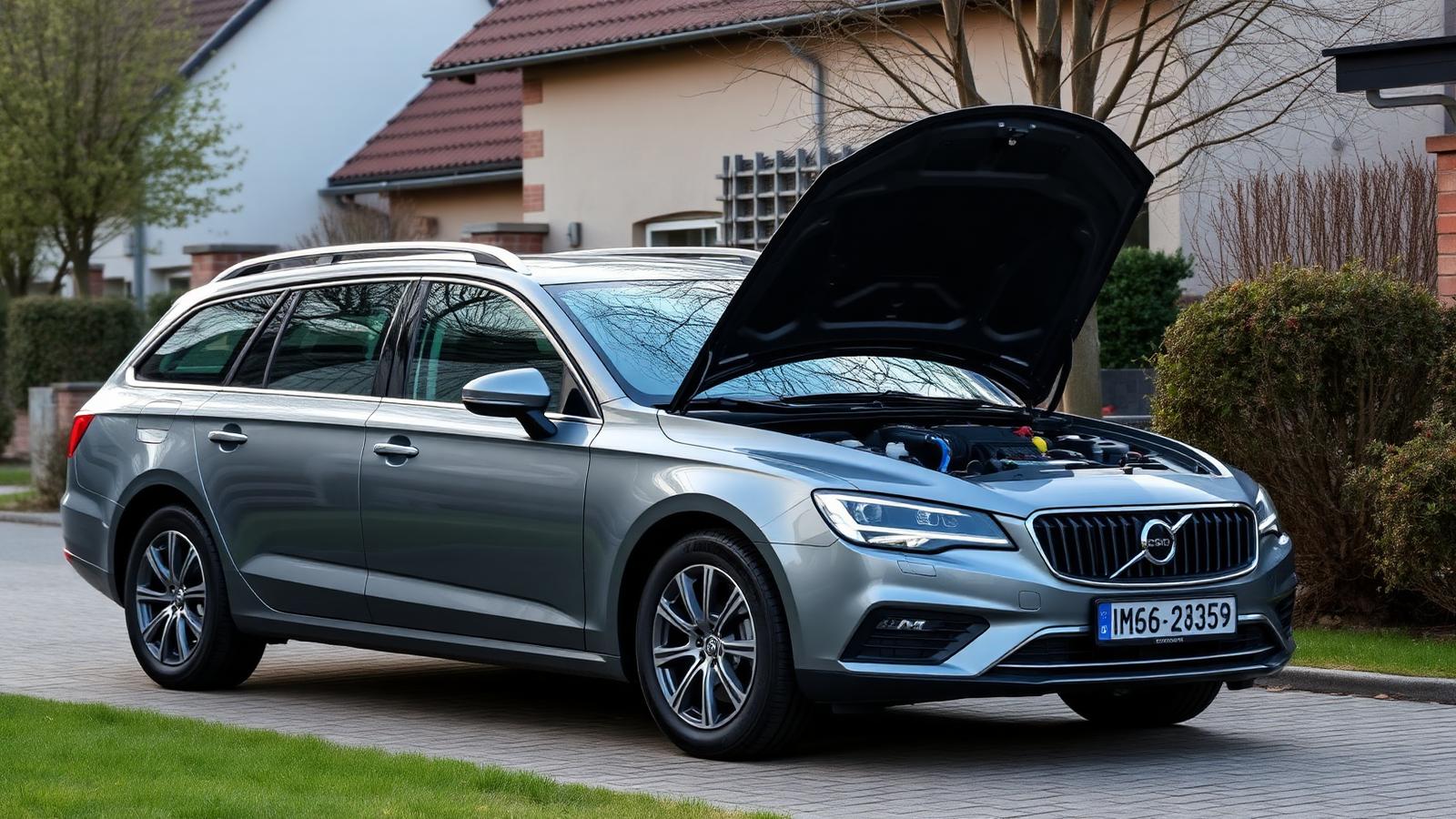 Grijze dieselstationwagen met open motorkap op een oprit in België, klaar voor inkoop