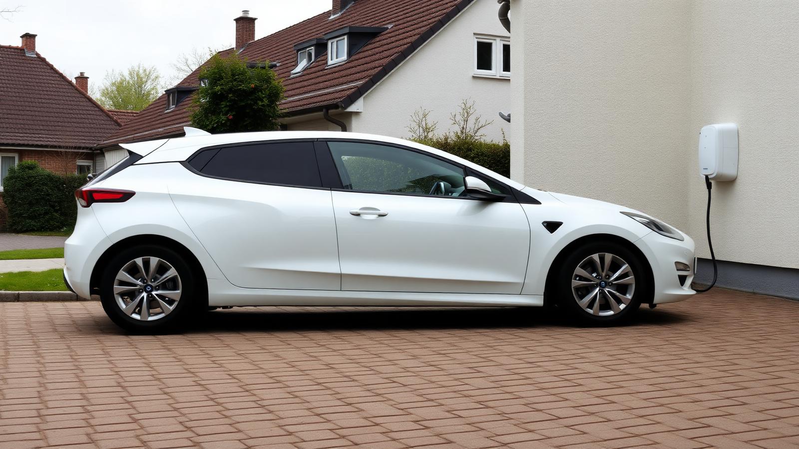 Witte elektrische hatchback aan een laadpunt tegen de gevel van een Belgische woning