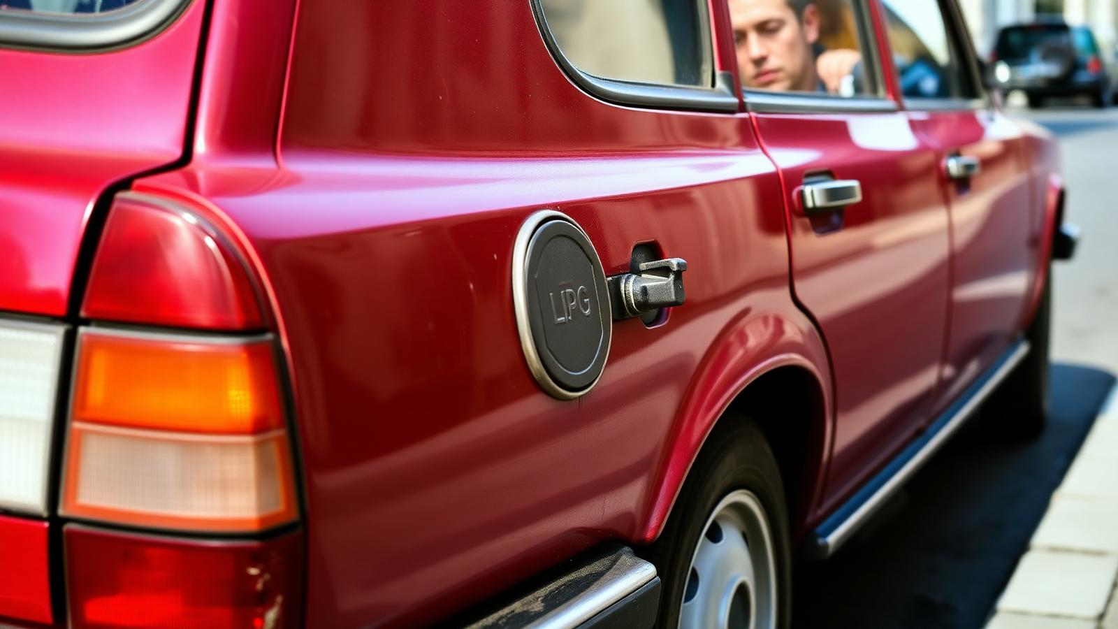 Donkerrode wagen met zichtbare LPG-vulaansluiting naast de tankklep op een Belgische straat