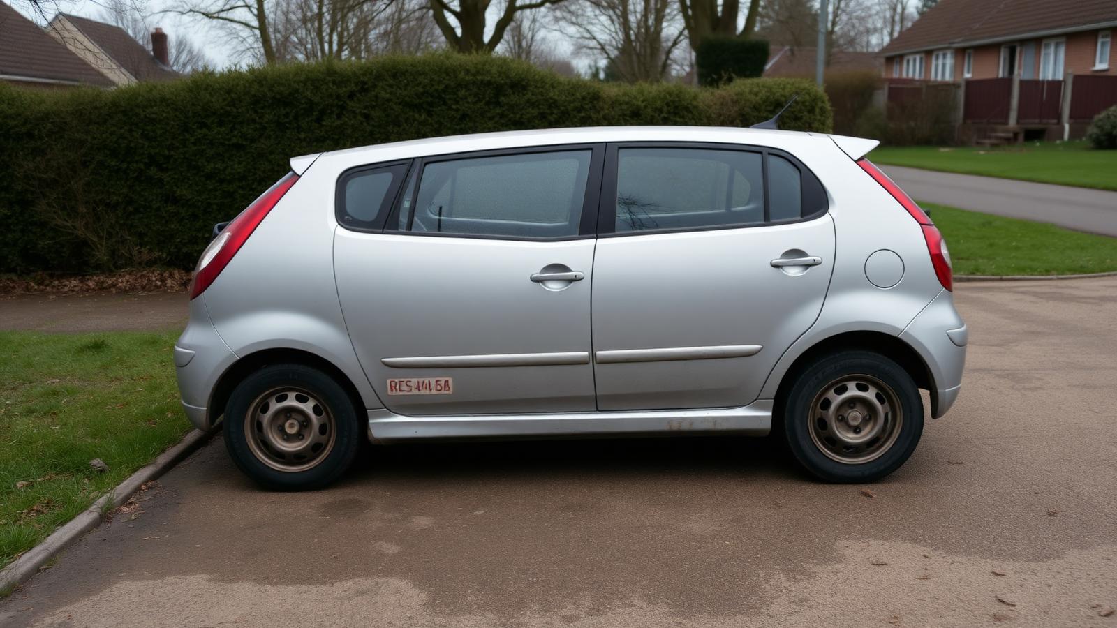 Stilstaande zilvergrijze hatchback met platte banden op een oprit in Vlaanderen