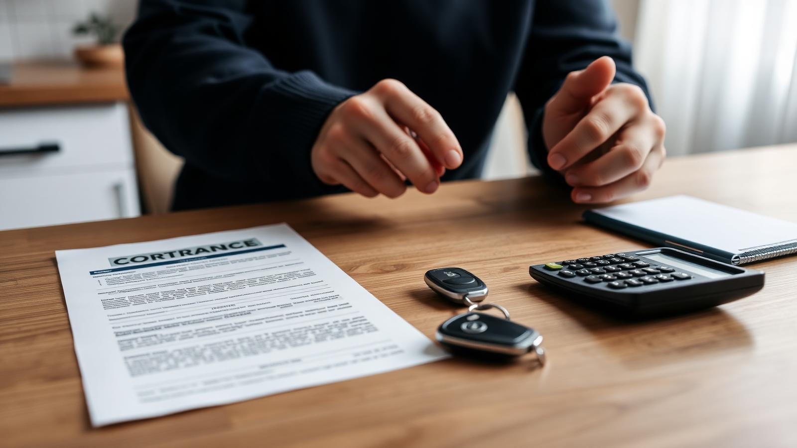 Kredietcontract, rekenmachine en autosleutels op een keukentafel tijdens de voorbereiding van een verkoop